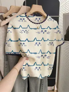 1 piece + French retro loose round neck short-sleeve with contrast piping, beige women's multi-color contrast cute cartoon cat print spring-summer Lightweight knit pullover, summer top, casual top, knitted top