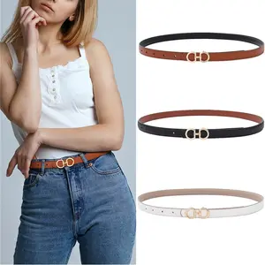 AWAYTR Reversible Women Fashion Thin Belt Two Sided and Two Colored Elegant PU Leather Tight Waist Belt with Gold Buckle Vintage Two-in-One Jeans Dress Long Coats Belts Lady Accessories