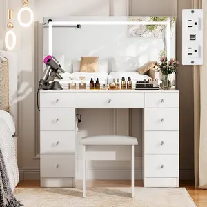 VOWNER Makeup Vanity Desk Table with Lighted Mirror,Power Outlet and 9 Drawers,Come with Soft Cushioned Stool VOWNER Makeup Vanity Desk Table with Lighted Mirror,Power Outlet and 9 Drawers,Come with Soft Cushioned Stool