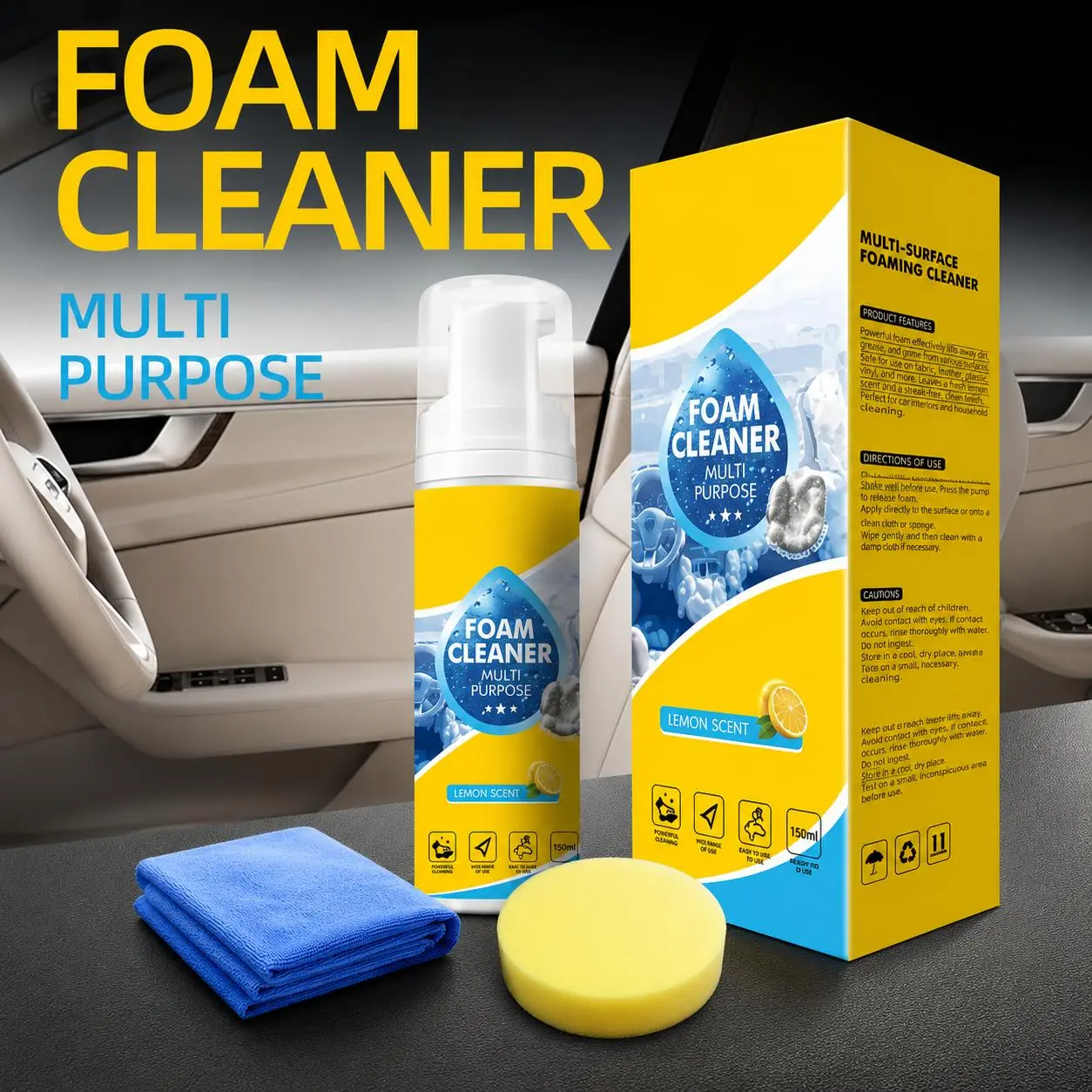 Multi-Purpose Foam Cleaner, Car Interior Stain Remover - Car Seat Cleaner, Leather Care for All Vehicles & Home Use, Interior Detailing Products, Car Upholstery Cleaner