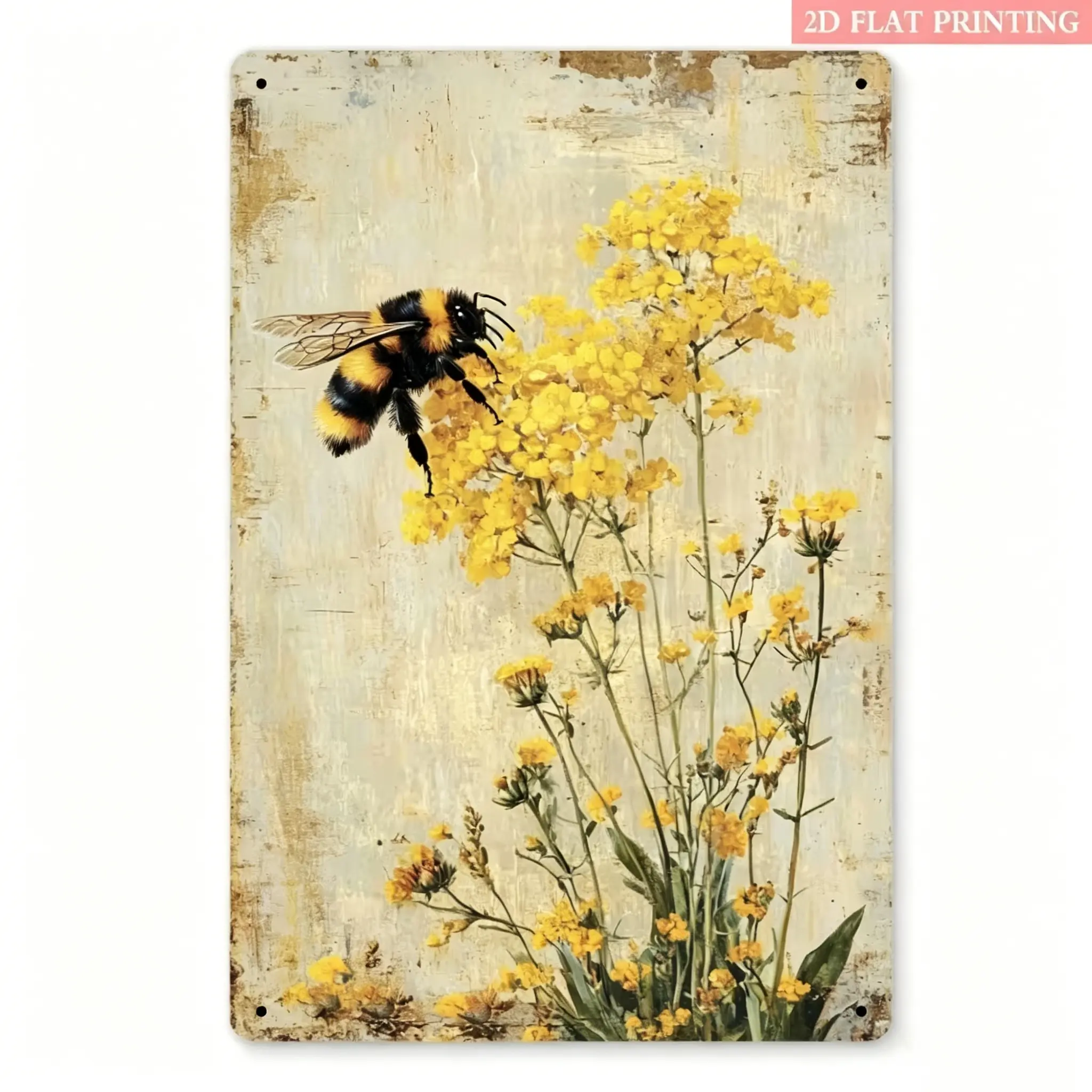 Vintage Distressed Metal Tin Sign, Watercolor Bumblebee Yellow Wildflower Wall Plaque, Shabby Chic Rustic Bee Floral Antique Wall Art Decor For Patio Garden Farmhouse Porch