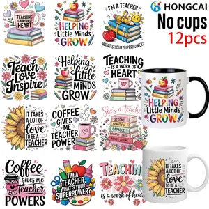 12pcs Teacher Theme UV DTF Self-Adhesive Crafts Cup Stickers, Waterproof Scratchproof 3D Crystal Texture, High-Quality Inspirational Quotes, Sticker Packs Floral Pattern Sticker