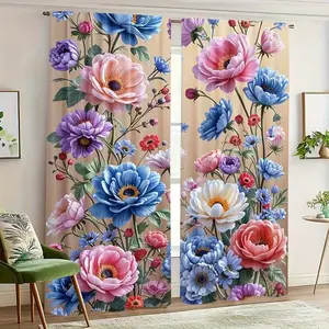 Vintage Floral Print Curtains Set, Home Decoration Curtain, Fashionable Rod Pocket Window Drapes for Bedroom & Living Room, Comfortable Atmosphere, Easy Installation