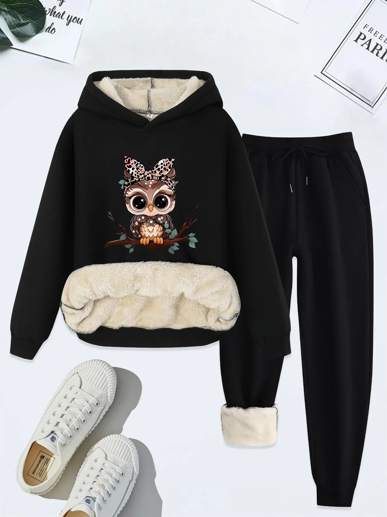 Women's Cartoon Owl Print Plush Hoodie & Drawstring Waist Thermal Lined Sweatpants Set, Casual Long Sleeve Hooded Sweatshirt & Pocket Jogger Pants, Women's Fall & Winter Clothes, Casual Loungewear Set, Fashion Clothing Set, Womenswear
