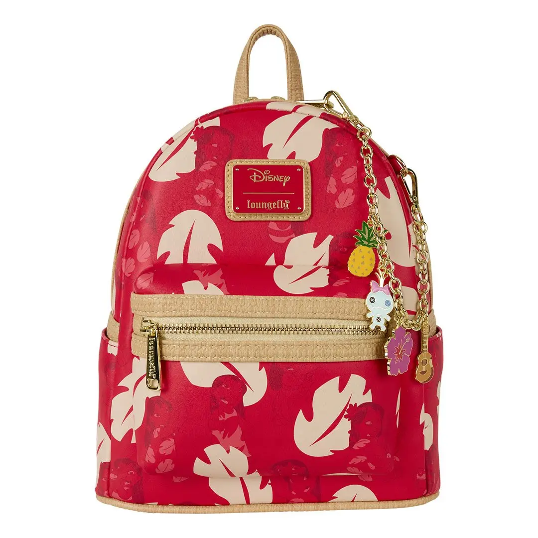 Loungefly Disney Lilo & Stitch Cosplay Female Mini Backpack, Faux Leather with Lilo Dress Pattern, Enamel Charms, Chain, Zip Closure, for Casual Wear, Backpacks For Women, Mini Backpacks