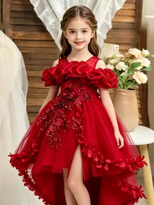 Girls Princess Dress High Low Long Train 3D Flowers Halloween Costume Spooky Party Outfit Trick or Treat Fancy Dress Up Gown Birthday Performance Elegant Style，mothersdaygift
