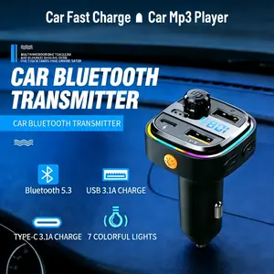 Diawicyar Bluetooth Car FM Transmitter with RGB Lights Fast Charging QC3.0 PD 20W Hands-Free Calling Multi-USB Ports 3.1A Output for All Cars