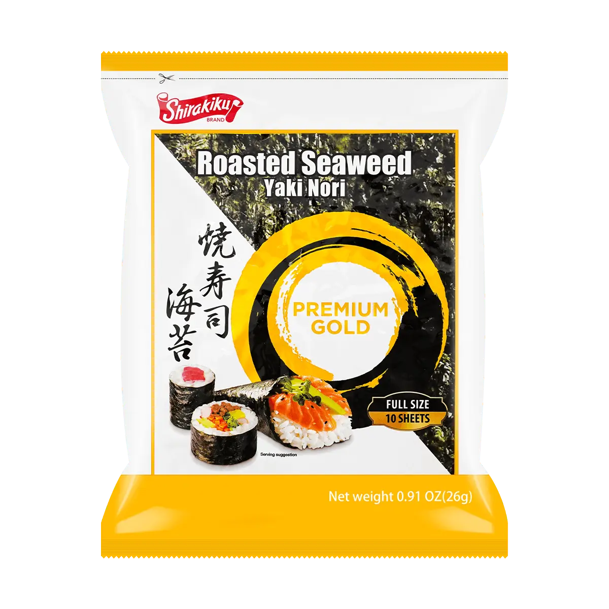 SHIRAKIKU Golden Grade Sushi Nori Seaweed Sheets - 10 Pack (26g) - Premium Roasted Seaweed for Onigiri & Maki Rolls