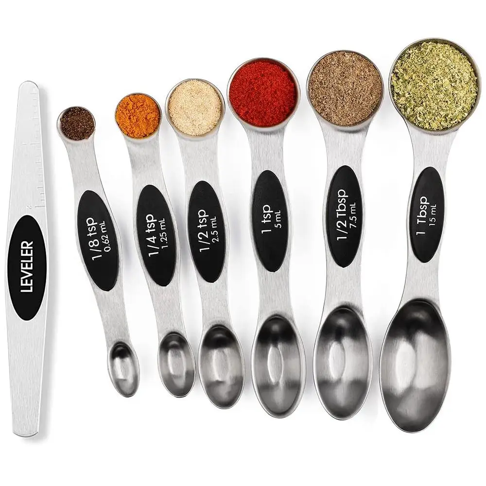 Stainless Steel Magnetic Spoons 7 Set with Leveler for Baking, Stackable Metallic Spice Kitchen Utensils and Gadgets Measure Cups Measuring