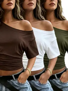 Three-piece set of women's solid color basic off-shoulder cropped T-shirts, casual drop-shoulder style, summer women's T-shirts, Top, suitable for women for casual daily wear, outdoor outings, versatile women's T-shirts