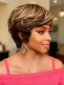 Trendy P4/27 with Blonde Highlights Short Soft Human Hair Wig, Full Machine Made Layered Pixie Cut, Natural Looking for Women