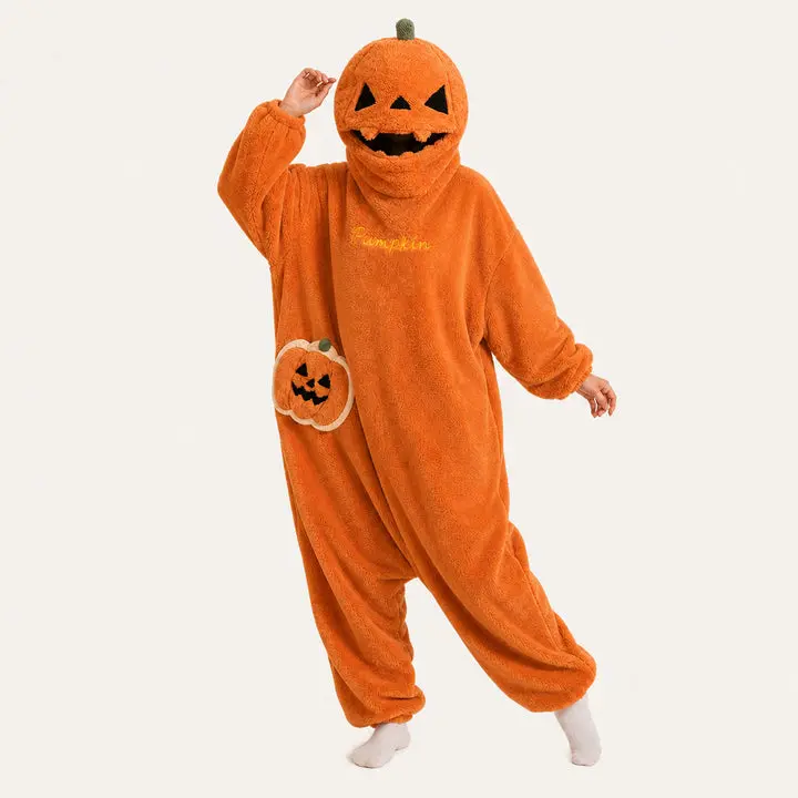 Plush Pumpkin Kigurumi Onesie, Soft Fabric, Comfortable Fit, Sleepwear & Loungewear