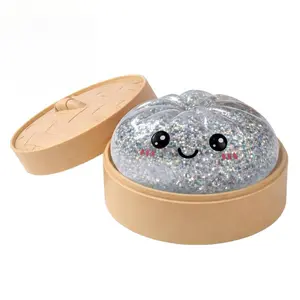 Glitter Squishy Bun Stress Ball Toy - Cute Kawaii Dumpling Fidget Toy with Steamer Case, Slow Rising Squeeze Toy for Anxiety Relief, TikTok Sensory Toy for Kids & Adults