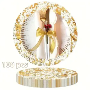 Set of 100 Elegant Golden Placemats - Disposable Table Mats with Luxurious Golden sheen, 13in/33cm Round Dining Decorations for Wedding, Party, Christmas, Birthday - Durable Polyester Party Tableware for Formal & Everyday Use