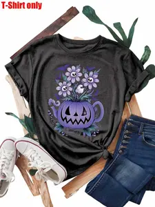 Women's Plus Size Pumpkin Floral Print Soft Round Neck Short Sleeve T-Shirt, Casual Halloween Pattern Comfortable Top for All Seasons
