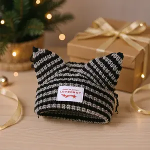 Loverboy Bunny & Cat Ear Knit Beanie Set Warm Striped Crochet Hats for Cold Weather Unisex Slouchy Design for Winter Adventures and Holiday Photos Ear Warmers