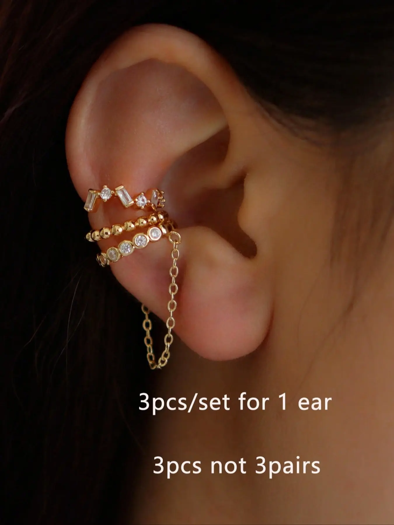 3 pcs set Zircon Chain Clip-On Earrings Set for Women, Wearable Jewelry, Multi-Layer Stacking Ear Cuffs, Earring Stacks, No-Piercing Earrings, Non Pierced Earrings for Daily Wear, Date Night & Parties, Sparkling Drop Dangle Design, Ear Accessories Set