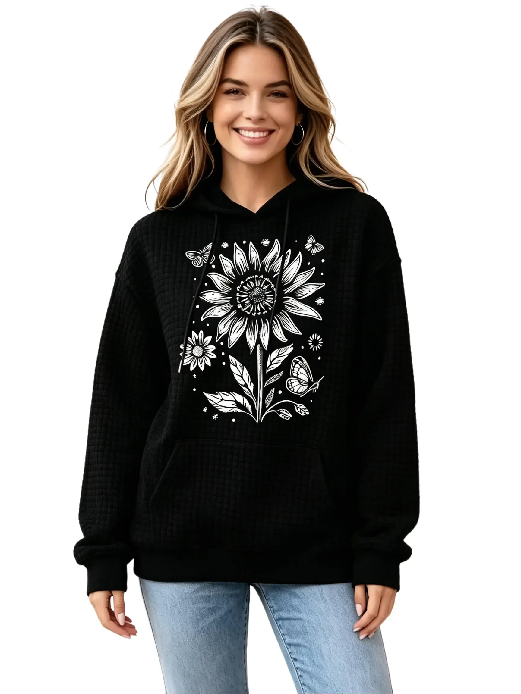Nature Themed Waffle Knit Hoodie, Sunflower & Butterfly Print, Textured Knit Pullover, Comfy Casual Outfit for Daily Wear & Weekend