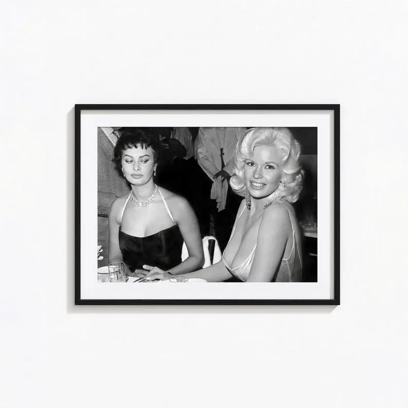 Sophia Loren And Jayne Mansfield Poster, Hollywood Black and White Wall Art, Vintage Print, Photography Prints, Museum Quality Photo