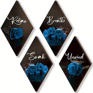 4pcs Blue Rose Diamond Wooden Bathroom Wall Decor, Relax Soak Unwind Breathe, Wooden Board Painting Wall Art Plaque, Room Decor, Unframed Wall Art, Art Wall Decoration