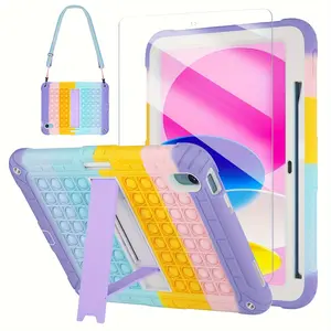 Case for iPad 10th Generation Case for Autism 10.9" 2022 with Glass Screen Protector | Cute Boys Girls Kids Case with Stand Pencil Holder Shoulder Strap | Push Pop Bubbles for Stress Relief