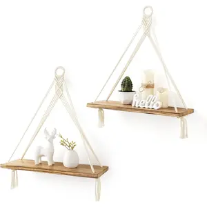 Macrame Hanging Shelves Boho Wall Decor Set of 2 Rustic  Floating Storage Shelf for Bedroom Bathroom Living Room  Dorm Room, Display Shelving for Hanging  Photos
