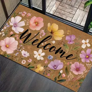 Countryside Style Floral Welcome Doormat with Colorful Watercolor Flowers. Durable Non-Slip Entrance Rug for Outdoor Front Door Porch Patio Kitchen Living Room Bedroom. Decorative Botanical Mat Housewarming Gift.