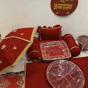Annaprasan Red Embroidered Bedding Set with Matching Pillows and Decorative Tray for Traditional Decor