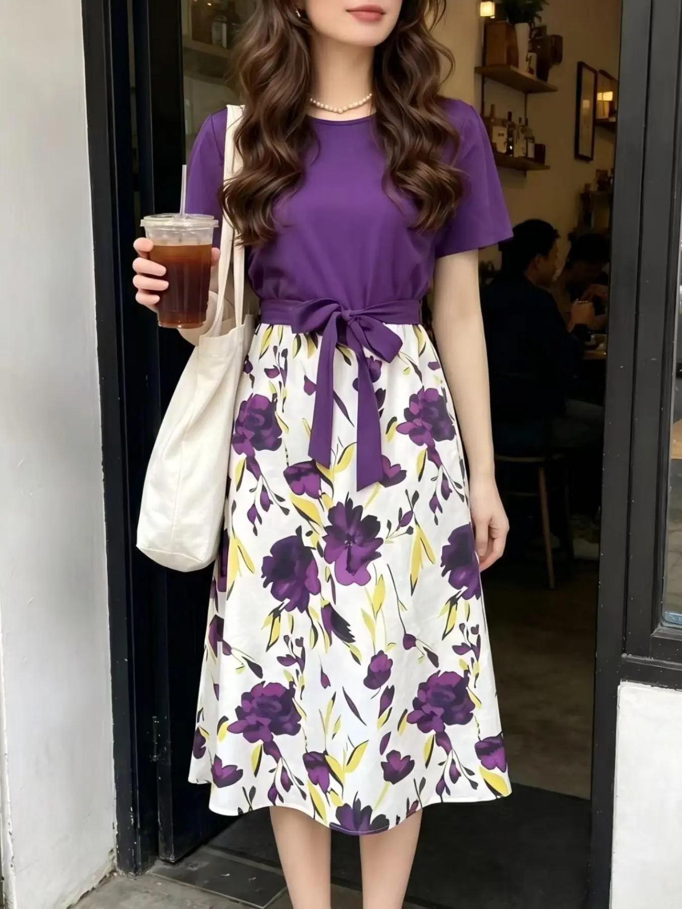 Women's Summer Short Sleeve Dress, Elegant Floral Print Long Skirt, Versatile Two-Piece Design, Soft & Chic Style, Perfect for Daily Wear  Slim Fit Waist Dress Ladies Casual Outfit