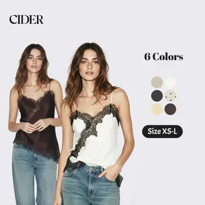Cider Satin V-neck Floral Lace Lettuce Trim Cami Blouse SwimWeek