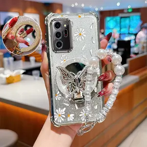 Note20 Ultra Withered And Wilted White Daisies Transparent Glitter Shiny Pearl Strap Lanyard Phone Holder Case with Impact Resistant Cover Compatible with For Samsung Galaxy Note 20 Ultra