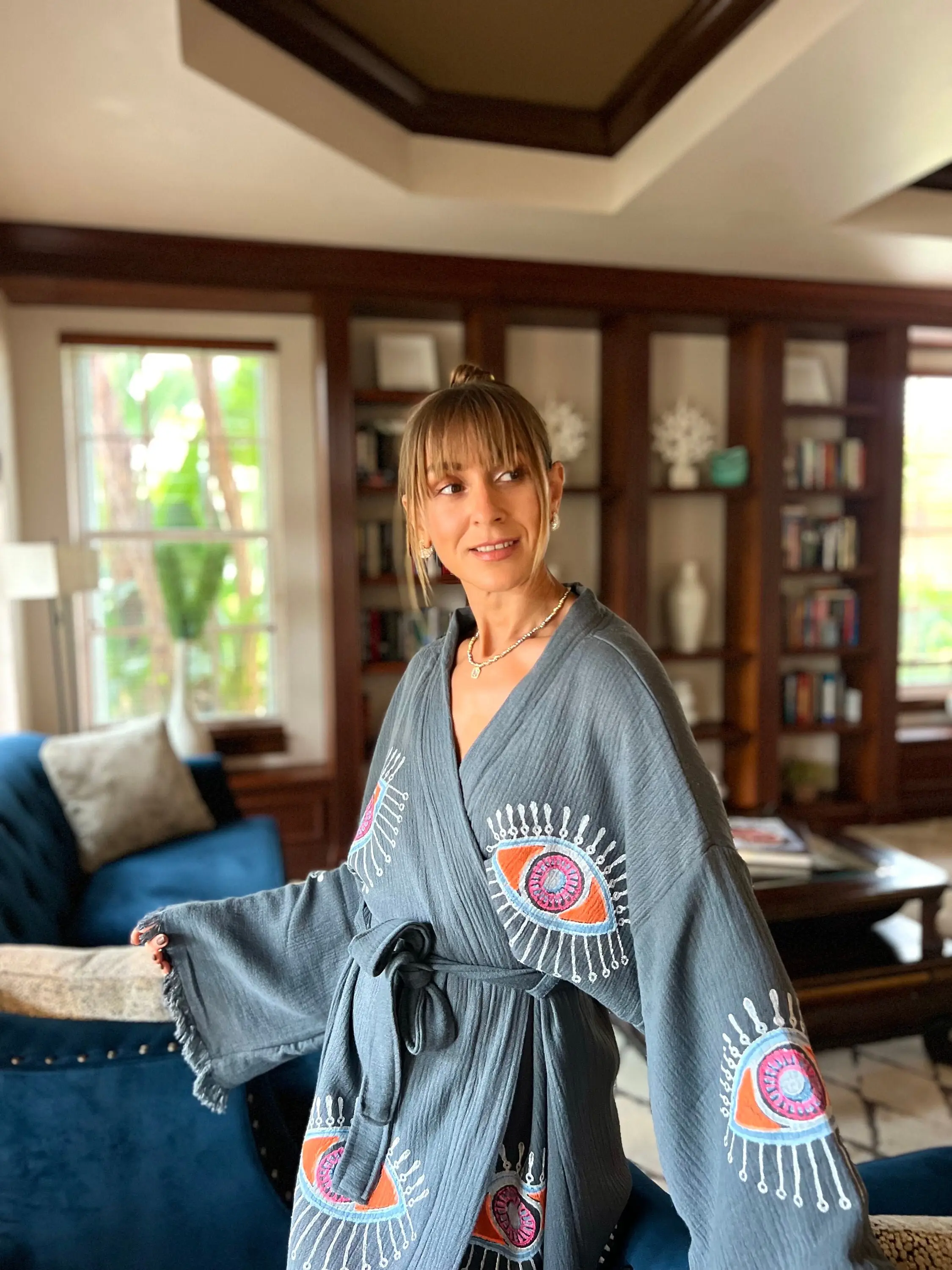 Stone Printed Muslim Kimono, Organic Cotton Handmade Caftan Robe, Boho Natural Gauze Dressing Gown, Soft Home-wear,Cozy Long Bathrobe