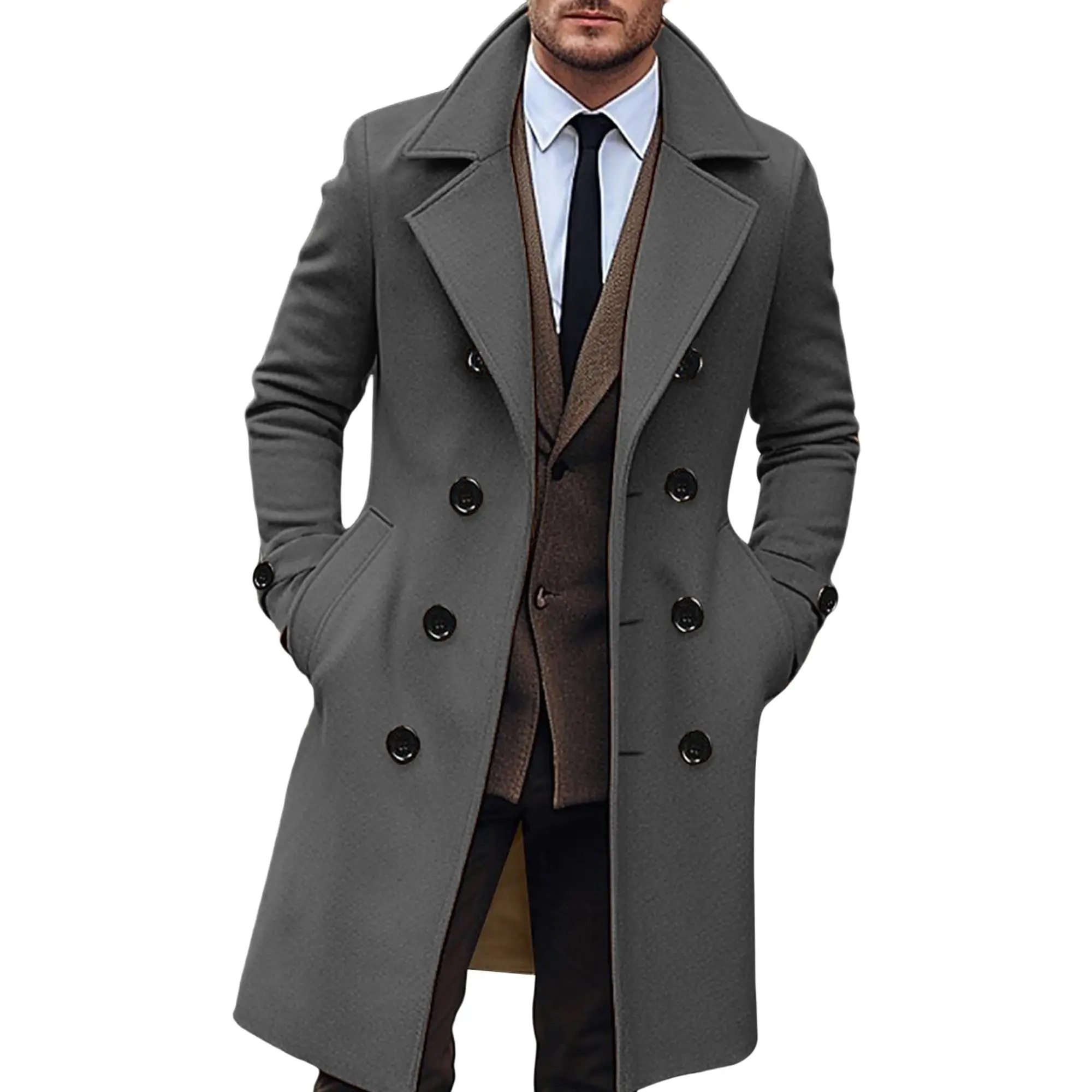Men's Tweed Double-Breasted Pea Coat - Textured Woven Gray Fabric, Brown Trim, Long Sleeves, Warm, Side Pockets, Elegant Casual Solid Color Winter Menswear Top Jacket, Textured Woven Fabric, Clothes, Cotton, Plain, Polyester Blend