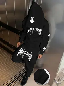 Men's Fall Winter Dark Cross Print Hoodie Set, Comfortable Fitted Jogger Pants, Casual Street Style, Home Wear, Trendy Gothic Fashion, Casual Sweatsuits Set