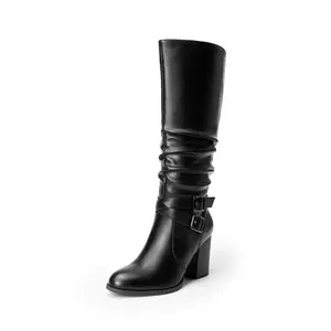 Dream Pairs Slouchy Mid-Calf Boots - Chic Buckle Detail with Chunky Heel, Shoe, Footwear