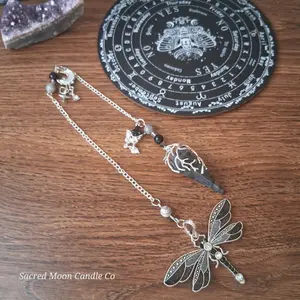 The Veiled Mirror Larvikite Moon Pendulum Altar Tool by Sacred Moon Candle Co