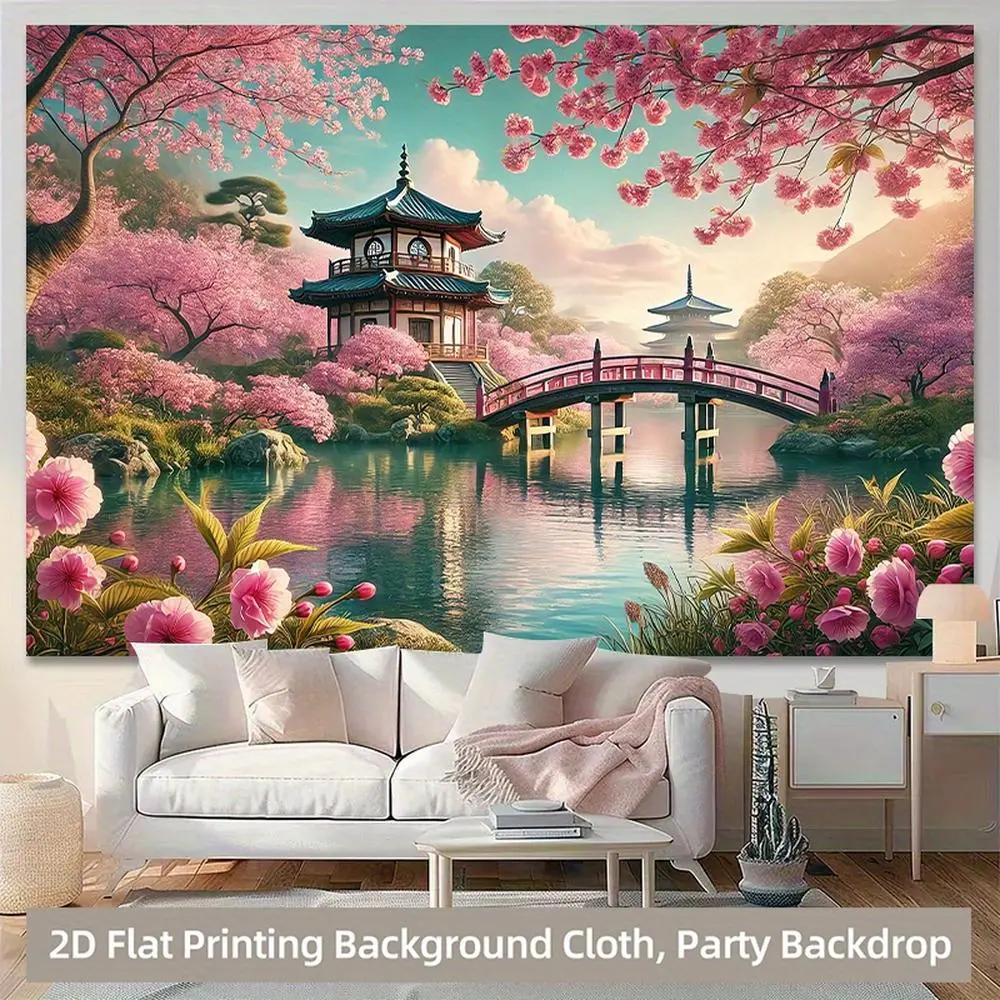 2D Flat - 2D Flat - A 2D Backdrop Featuring a Cherry Blossom Scene in a Japanese Garden, Made Of. This Versatile Wall Decoration Is Suitable for Hanging in Living Rooms, Bedrooms, Offices, A, Anniversary, Decor Tapestry