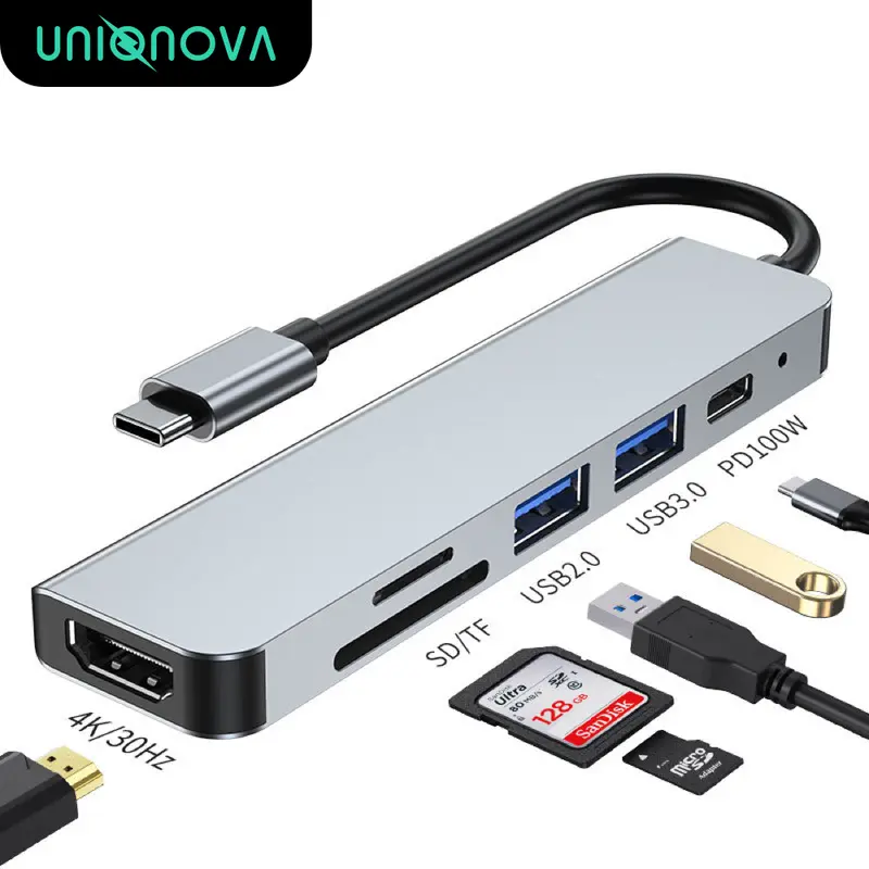 UNIQNOVA 6in1 USBC Hub Metallic HDMI 4K Display 5Gbps USBA Data Ports 3.0/2.0 SD/TF PD100W Laptop Docking Dongle Adapter for MacBook Pro/Air/XPS