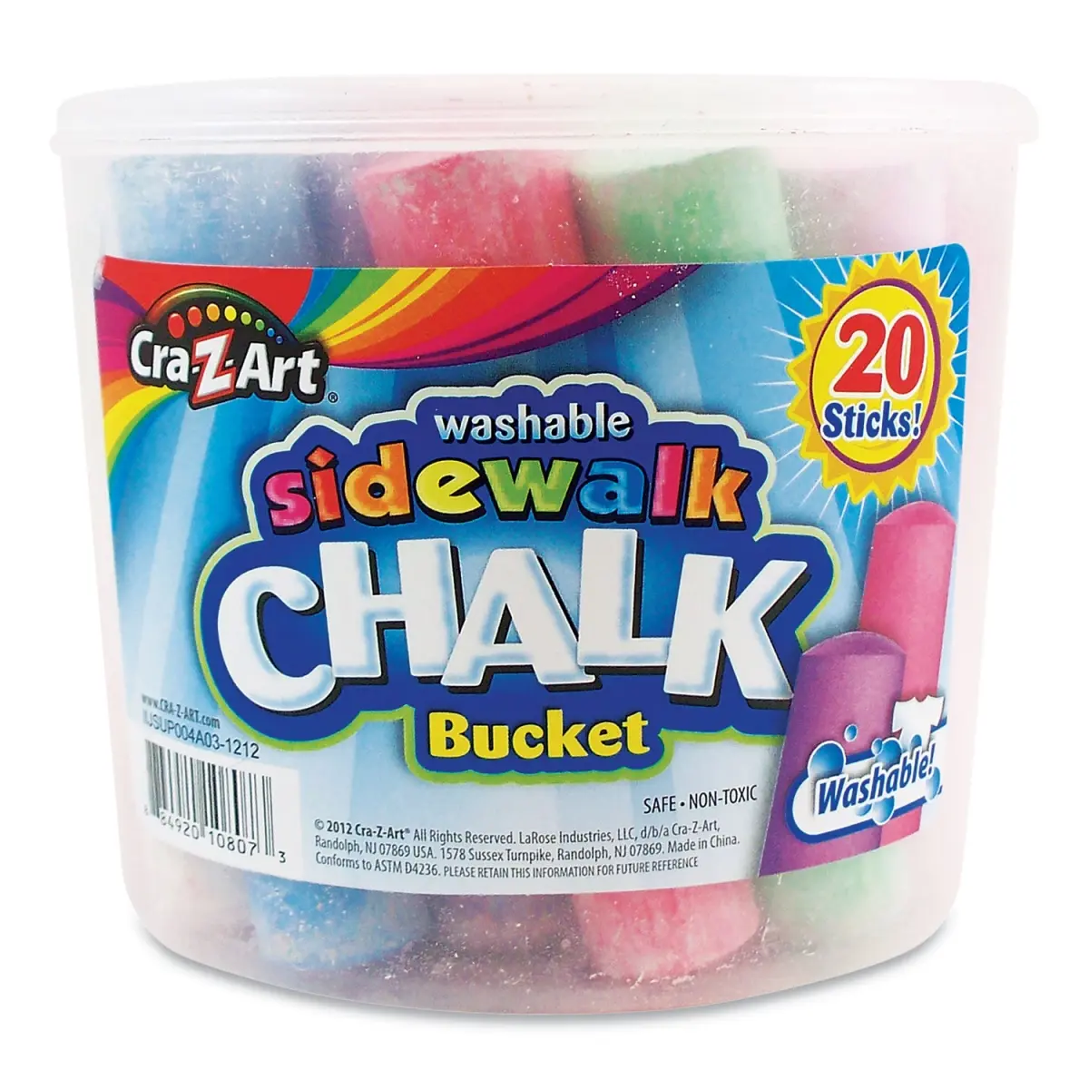 Larose Industries 108076 Non-Toxic Washable Jumbo Sidewalk Chalk (20 per Pack) with Storage Bucket, Lid & Handle, Assorted Colors, Suitable for Ages 4+ (Office Stationery Writing Tool)