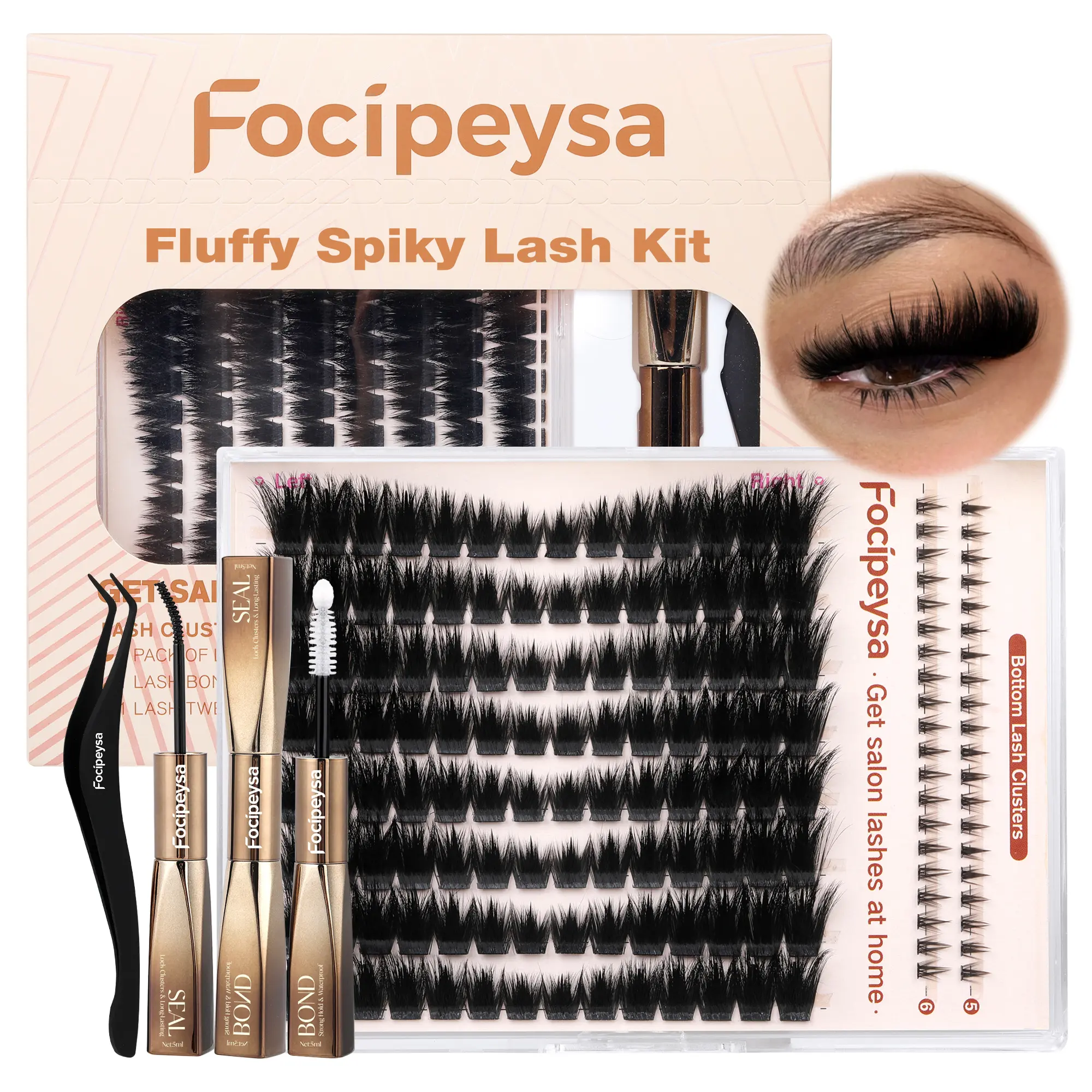 Focipeysa Fluffy Spiky Lash Clusters | Volume Pre-Mapped Fluffy L&R Eye Lash Clusters with Bottom Lashes  | Lash Kit with Bond and Seal, Tweezers | Waterproof, Timing-saving, Beiginner-friendly | Get Salon-quality at Home for Soft Glam, Baddie Makeup