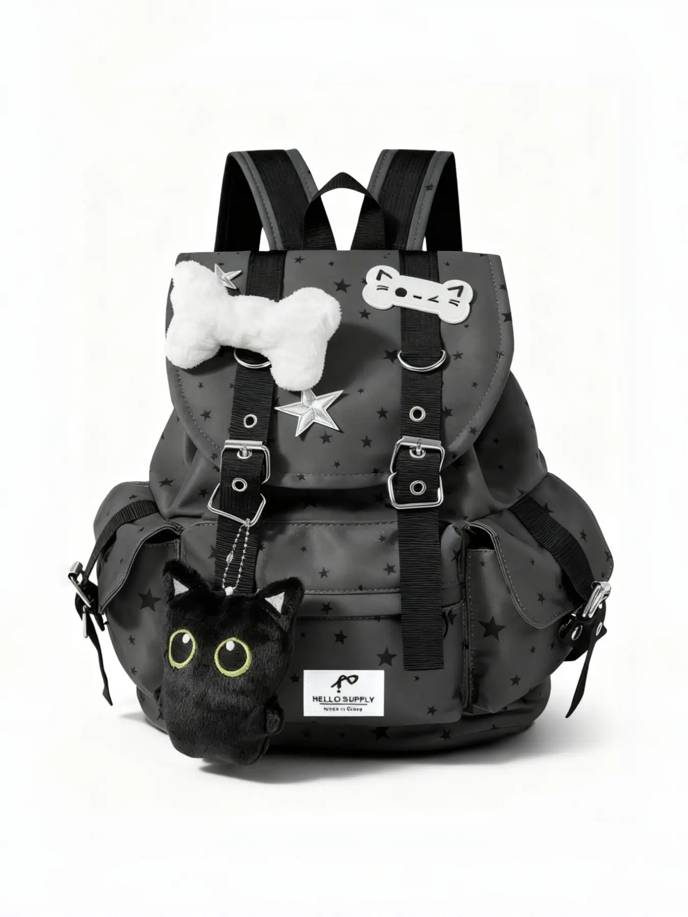 Punk Aesthetic Academy Cat Claw Print Bone Star Colorblock Multi-Pocket Casual Printed Backpack, Fashion Casual Unisex Large Capacity Student Class College Backpack for Commuting School Backpacks for School