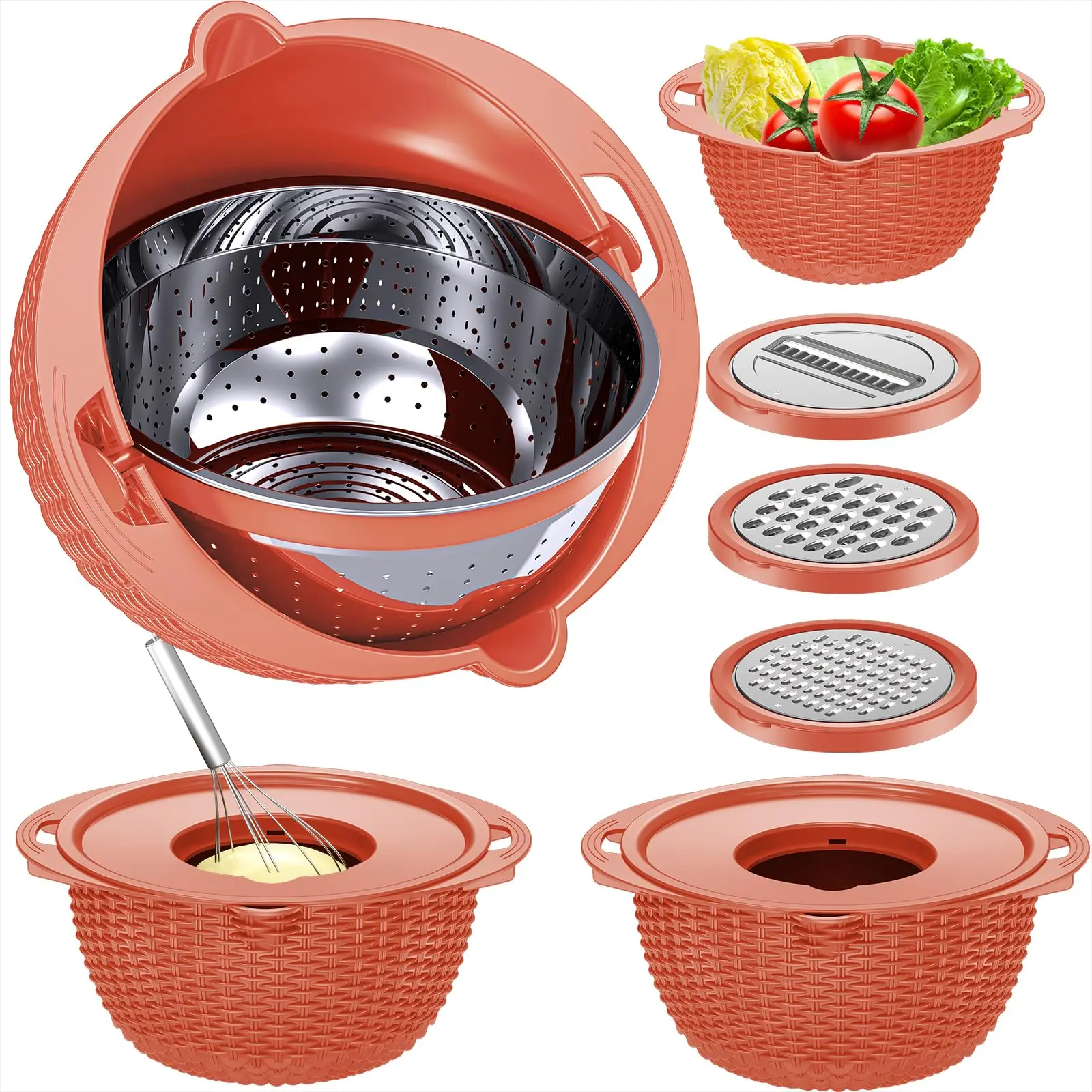 4-1 Colander With Bowl Set - Pasta Strainer For Kitchen Strainers And Colanders Rice Fruit Cleaner Veggie Wash Sink Orange
