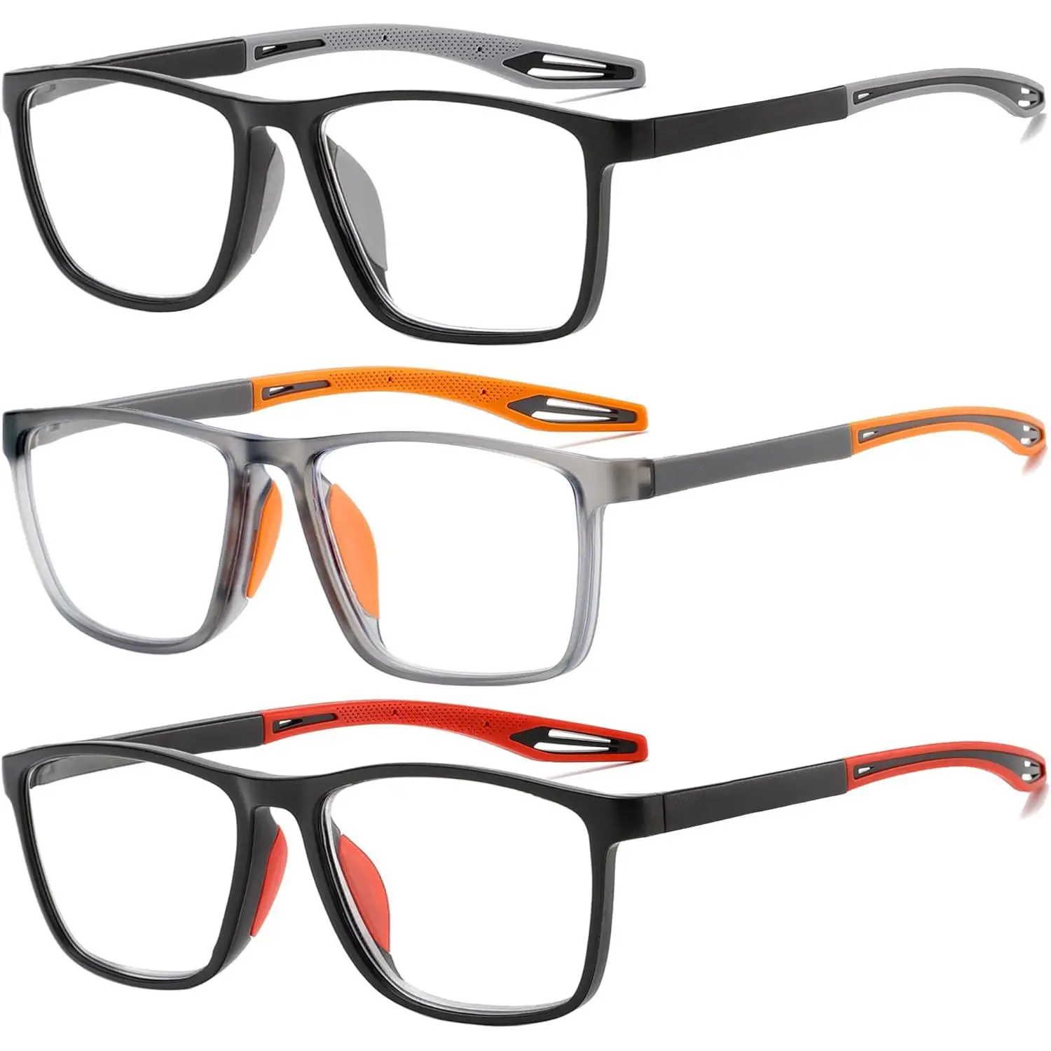 Men's High Quality Eyewear Sporty Reading Glasses 3-Pack Multi-Pack, Lightweight Flexible TR90 Plastic Frame, Blue Light Blocking Lenses, Comfort Nose Pads for Daily Use +1.25 Flawless Fit, +1.25 Diopter, 3-Pieces, Mix & Match, Blue-Light Protection Frame