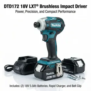 Makita DTD172 18V Brushless 1/4 Inch Impact Driver Delivers 180Nm Max Torque And 3600 RPM For Heavy Duty Woodworking And Construction Tasks Features Dual LED Lights With 18V 6.0Ah Battery And Charger Set
