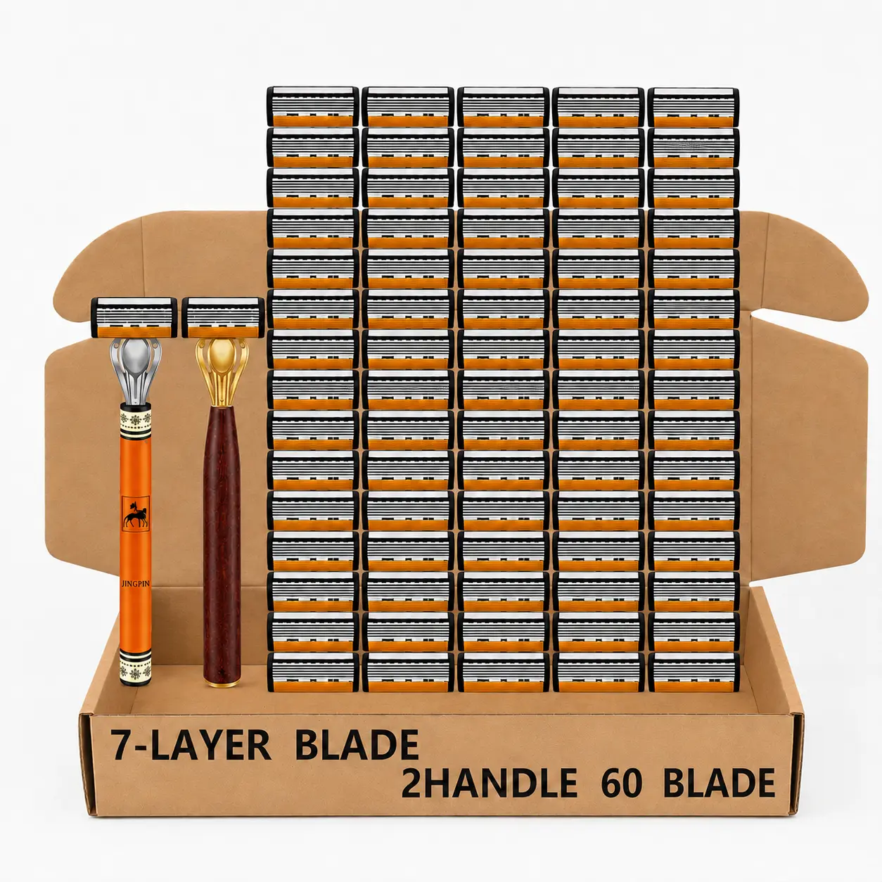 Men's 7-Layer Manual Razor Multi-Pack Set - 2 Durable Wood-Grain Handles, 60 Non-Toxic Replacement Cartridges, Precise Smooth Shaving Kit for Thick Beards, Sensitive Skin Daily Care, Face, Smoothing, Adults, Close Shave, 60 Cartridges, Modern, Unscented,,