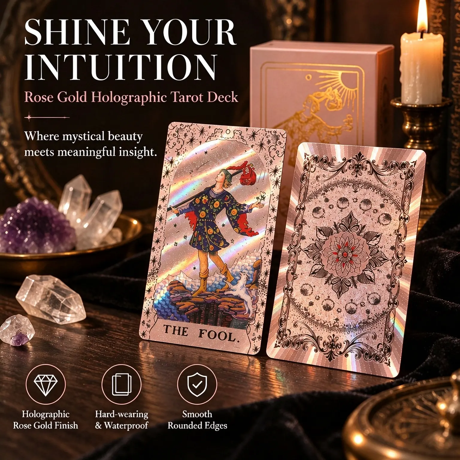 Pink Holographic Rider-Waite Tarot Deck - 78 Gold Foil Color-Shifting Waterproof Cards Set with Guidebook & Luxury Gift Box for Beginners, Collectors