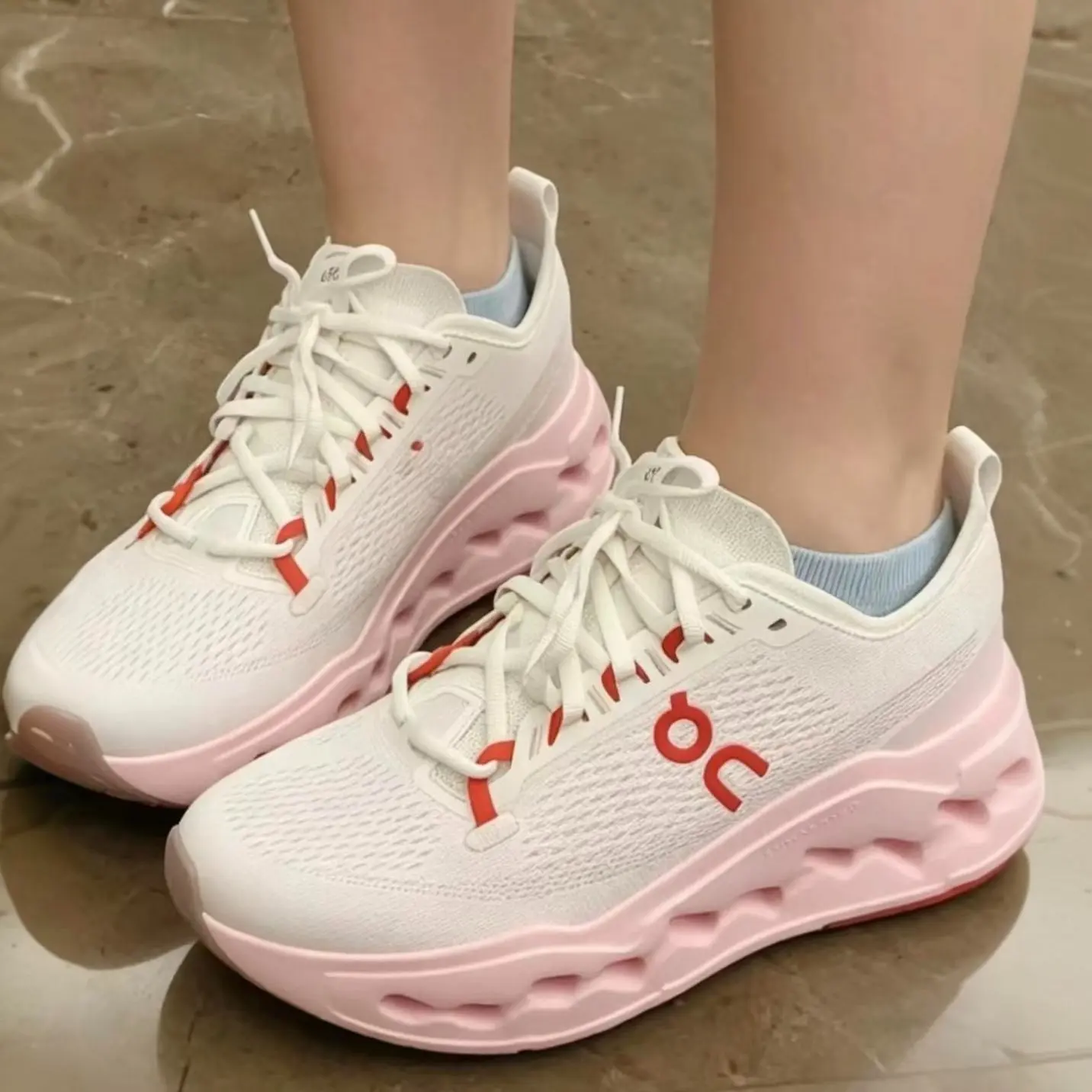 Cream Mesh Upper Pink Hollow Outsole Closed Footwear, Women Runner Athletic Trainer, Shock Absorb Cushion Shoes For Long Distance Running Gym Training
