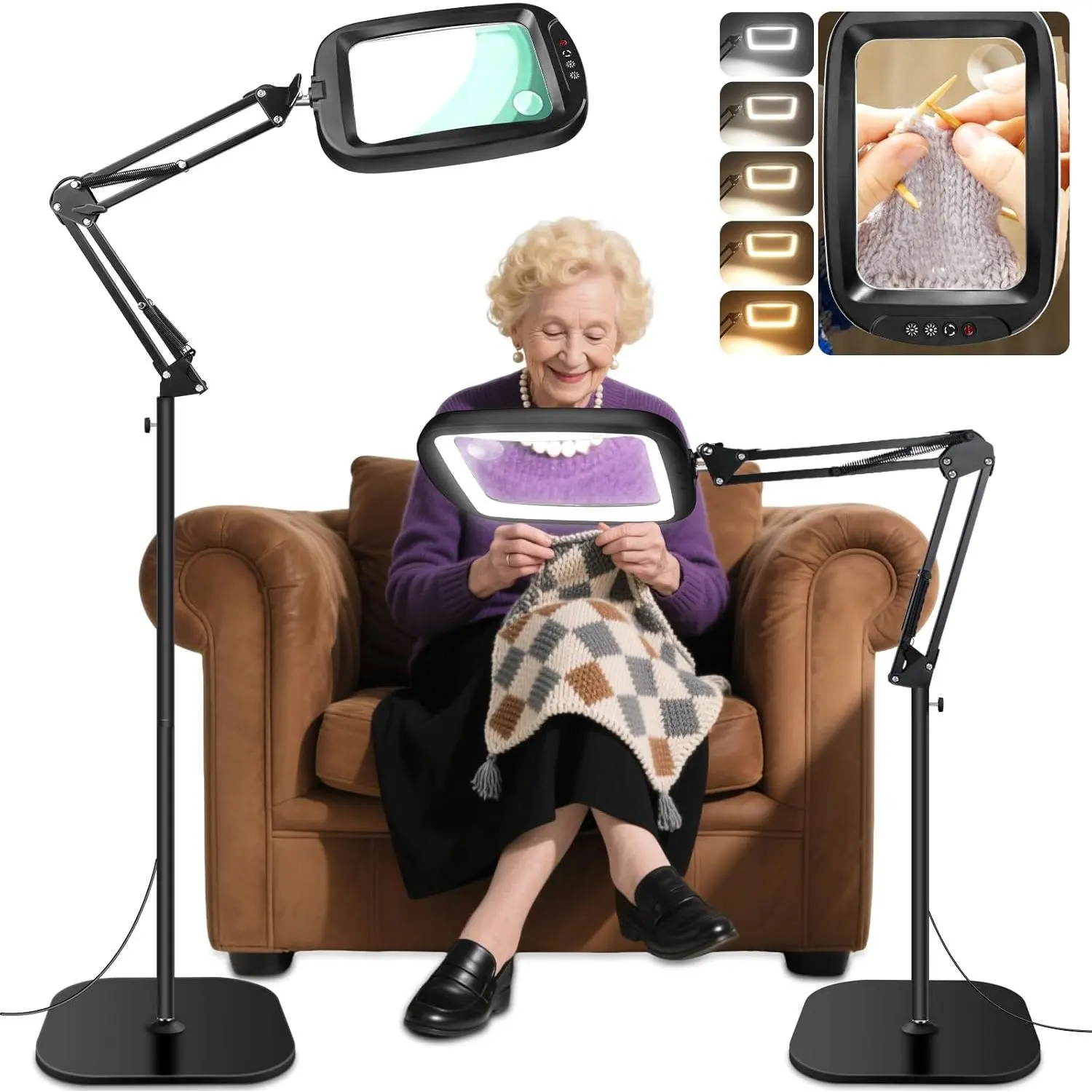 Black 2-in-1 Design Floor Magnifying Glass with Light & Adjustable Stand, 7-in Extra Large Lens, 30x/10x Magnification for Reading, Sewing & Close Work