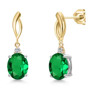 Gem Stone King 925 Silver and 10K Yellow Gold Green Nano Emerald and Lab Grown Diamond Dangle Earrings for Women | 4.13 Cttw | Gemstone May Birthstone | Oval 10X8MM