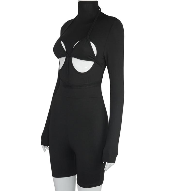 Bandage Hollow Out Long Sleeve Skinny Rompers Womens Jumpsuit Fashion Sporty Workout Active Wear White Autumn Jumpsuits